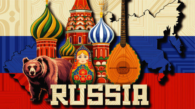 Colorful Russia travel illustration with Saint Basil cathedral domes, bear, matryoshka doll, balalaika and Russian flag map design