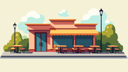 Naklejka premium Bright roadside café with outdoor tables in a relaxed urban atmosphere