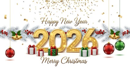 Festive 2026 Holiday Greeting with Merry Christmas and Happy New Year Message, Ornaments, and Gift Boxes
