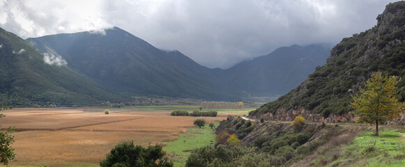 View of an overgrown with reeds lake Stymphalia (Greece, Peloponnese) on a cloudy, foggy day