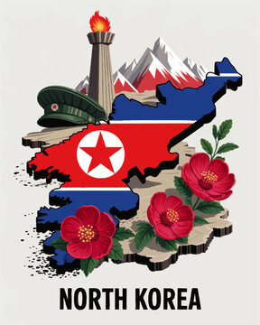 North Korea patriotic illustration with map flag, Juche Tower, military cap, mountains and red national flowers on light background