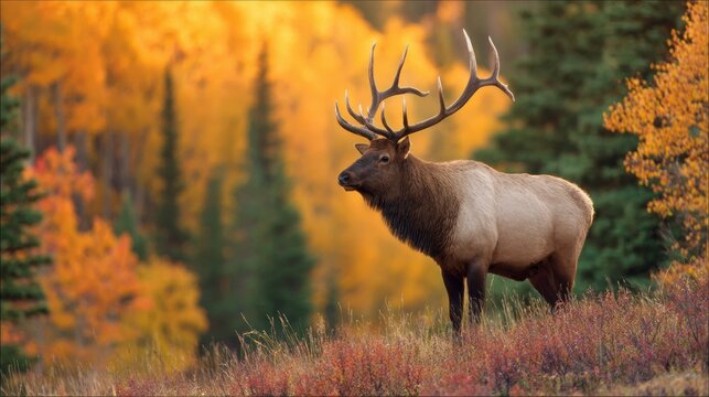 Elk Stands in a Golden Forest Representing Strength and Nobility in Native American Culture During Autumn Daylight - Powered by Adobe