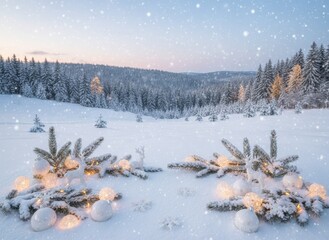 Winter Wonderland: Snowy Forest Scene with Christmas Decorations and a Festive Atmosphere, Creating a Holiday Ambiance