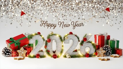 2026 Happy New Year Celebration with Gifts, Ornaments, and Holiday Decorations