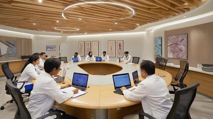 Diverse Medical Team Meeting in Modern Conference Room with Laptops and Anatomical Art, Collaboration and Healthcare Professionalism. - Powered by Adobe