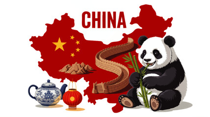 China travel illustration with panda bear, Great Wall, red map, Chinese lantern and blue porcelain teapot for tourism design