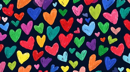 Vibrant textured hearts pattern on dark background expressing love and joyful emotion