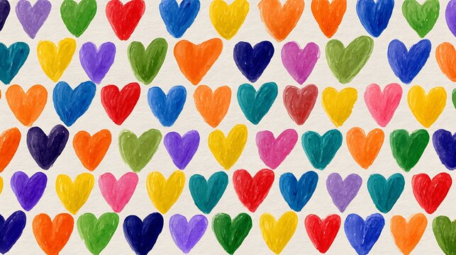 A vibrant rainbow of hand drawn hearts filling the entire frame in a repeating pattern - Powered by Adobe
