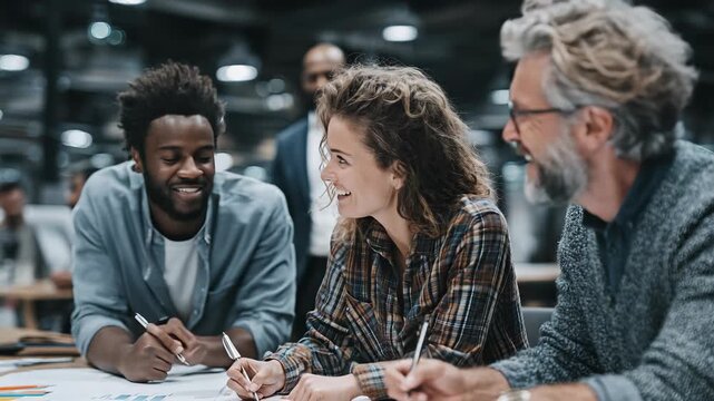 Diverse Team Collaborating on Project, Smiling and Brainstorming Ideas, Analyzing Data Charts, Modern Office Environment, Business Meeting, Teamwork and Innovation.