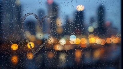Raindrops on a window create a bokeh effect of city lights reflecting on water at dusk