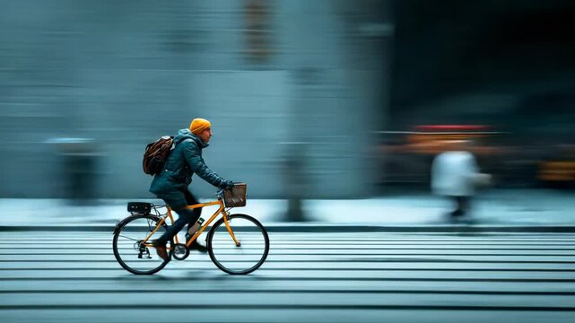 Motion Blurred Image of a Young Man Riding a Yellow Bicycle Across a Zebra Crossing in a City Street - Powered by Adobe