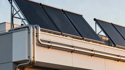 Medium shot featuring installation of solar thermal pipes and panels on a building emphasizing sustainable heating solutions integrated into modern architecture