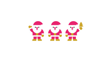 Three cheerful cartoon santas with pink hats and suits standing in a row with golden accents and white backgrounds