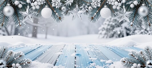 Festive Winter Scene with Snowy Blue Table and Elegant Christmas Decorations
