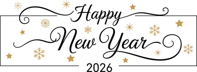 Happy New Year 2026 elegant typography text vector banner, decorative snowflakes and gold stars, festive winter celebration greeting card, stylish template design. © Fuad Creatives 