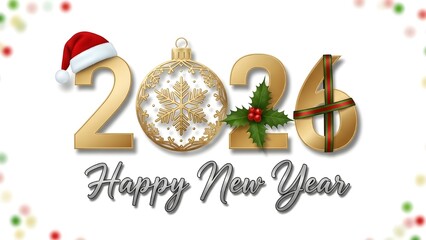 Festive 2026 Happy New Year Greeting with Santa Hat, Ornament, and Holly Decoration
