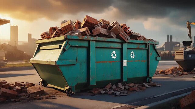 Overfilled Construction Dumpster with Bricks and Debris on Urban Site, Recycling Symbol, Environmental Concept