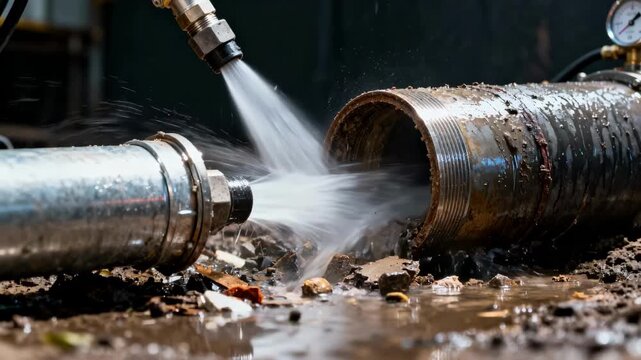 Closeup medium shot of a clogged system being cleared by hydrojetting showing powerful water jets removing debris and buildup from underground pipes.