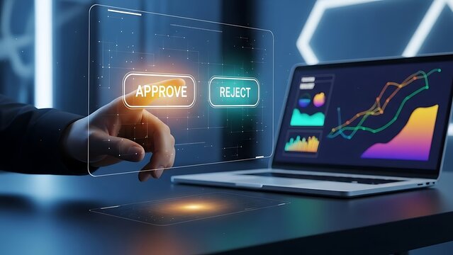 Digital decision-making: Hand interacts with futuristic holographic interface to approve data insights on laptop - Powered by Adobe