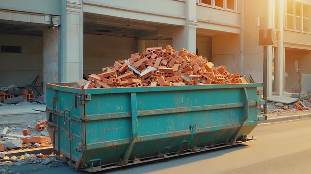 Overfilled Construction Dumpster with Red Bricks at a Demolition Site, Renovation and Waste Management, Urban Development Concept, Environmental Concerns.