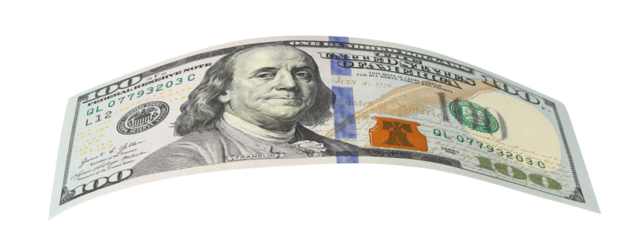 Curved hundred dollar banknote, isolated on transparent cutout background