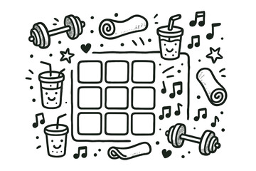 Black and white drawing of a 9x9 grid with various items such as cups, a towel