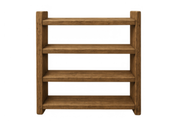 Empty wooden shelving unit with four brown rustic shelves, transparent background, showing furniture for storage and display