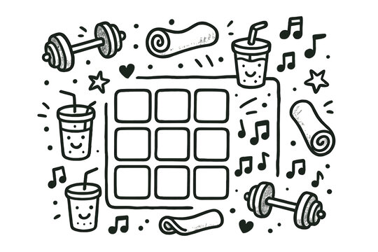 Black and white drawing of a 9x9 grid with various items such as cups, a towel