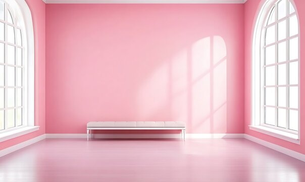 Empty pink room featuring bench and arch windows provides minimalist design
