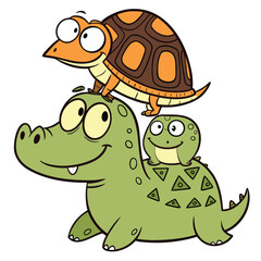 Naklejka premium Vector illustration funny cartoon stack of three happy reptile animals including a crocodile, a turtle, and a small frog