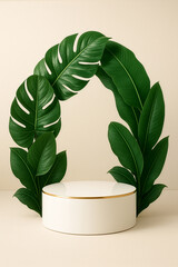 Minimal white podium with tropical green leaves arch on beige background - elegant product display for natural skincare and luxury branding concepts