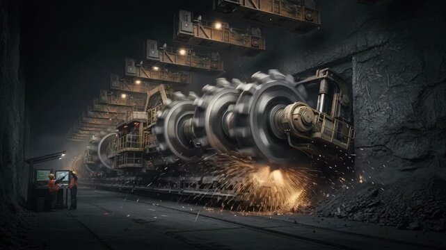Medium shot of automated longwall shearer operating seamlessly in a dark underground mine showcasing robotic precision in coal extraction with minimal human intervention.