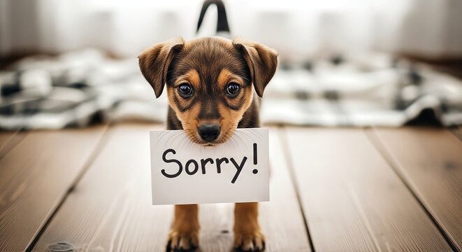 Small brown puppy holding a sign that says sorry, sitting on wooden floor with a cozy blanket in the background, conveying a sense of apology and forgiveness in a warm atmosphere