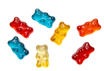 Mixed gummy bears in multiple bright colors isolated on a transparent background. Theme of sweetness, fun and vibrant confectionery.