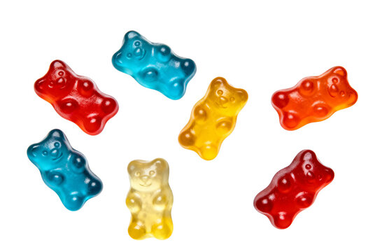 Mixed gummy bears in multiple bright colors isolated on a transparent background. Theme of sweetness, fun and vibrant confectionery. - Powered by Adobe