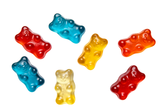 Mixed gummy bears in multiple bright colors isolated on a transparent background. Theme of sweetness, fun and vibrant confectionery. - Powered by Adobe