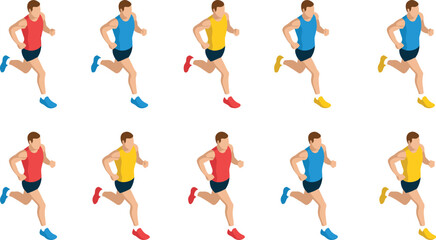 Isometric running athlete illustration set, colorful sports runner characters in motion, fitness training concept, jogging animation poses, active lifestyle graphics