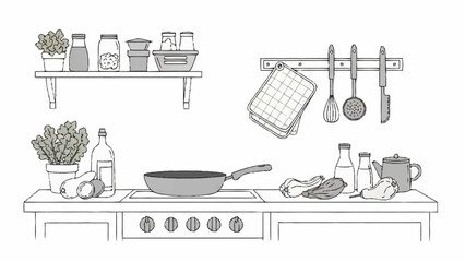 A hand-drawn sketch of a kitchen counter with a frying pan, fresh vegetables, and cooking utensils like a whisk ready for meal preparation