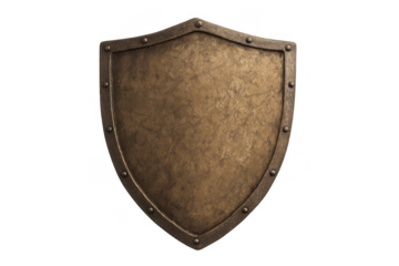 Medieval battle shield providing defense and protection, vintage bronze metal armor element with blank space