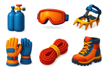 Set of winter sports gear including goggles, gloves, and a pair of boots