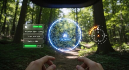 Navigating a forest path with augmented reality overlay showing weather, time, and compass