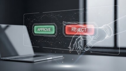 Virtual hand pressing 'Reject' on futuristic holographic interface with 'Approve' option. Digital decision-making technology concept.