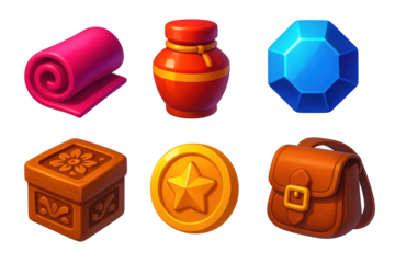 Collection of six different items, including a backpack, a box, a bottle