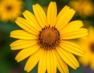 Obraz premium Vivid yellow flower with prominent petals and textured center, bokeh background