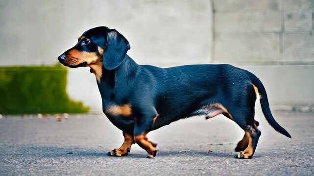 Elegant Black and Tan Dachshund Dog Walking Outdoors on Pavement, Side View, Breed Standard, Pet Portrait, Canine Companion, Animal Photography