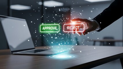 Digital Business Decision: Hand pressing virtual Approve or Reject buttons, modern technology interface concept