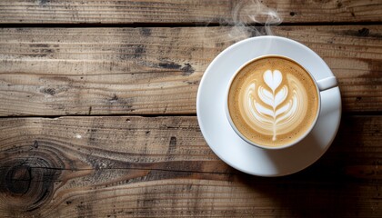 A warm cup of latte with elegant leaf latte art resting on a wooden table, creating a cozy and inviting coffee shop atmosphere perfect for lifestyle, food, and beverage themes.