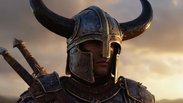 Warrior in Horned Helmet: Close-Up Portrait of a Medieval Fantasy Knight with Swords Against a Dramatic Sky at Sunset