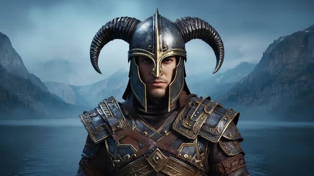 Portrait of a Nordic Warrior in Horned Helmet and Ornate Armor Against a Misty Mountain Lake Backdrop