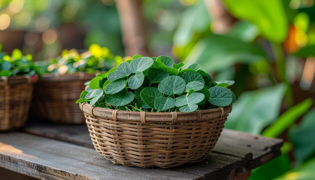 Fresh moringa leaves (daun kelor) in a woven basket on a rustic wooden surface, captured outdoors in warm natural light with a green, natural background.